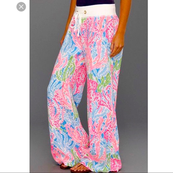 Lilly Pulitzer Beach Pant in Turquoise ‘Lets Cha Cha’ Print XL NWT 🆕 - Picture 1 of 9
